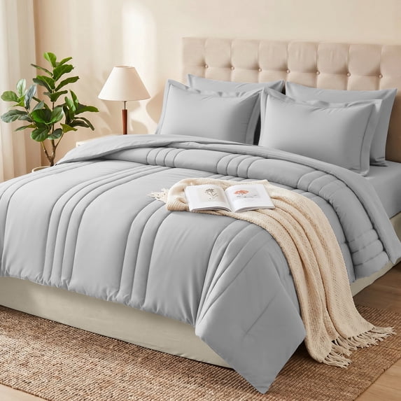 Dhole 5-Piece Bed in Bag - Twin Size Striped Comforter Sets, Pillowcases & Sheet Collection for Cozy Bedding Sets - Light Gray