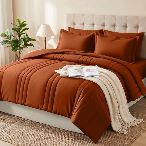 Dhole 5-Piece Bed in Bag - Twin Size Striped Comforter Sets, Pillowcases & Sheet Collection for Cozy Bedding Sets - Orange