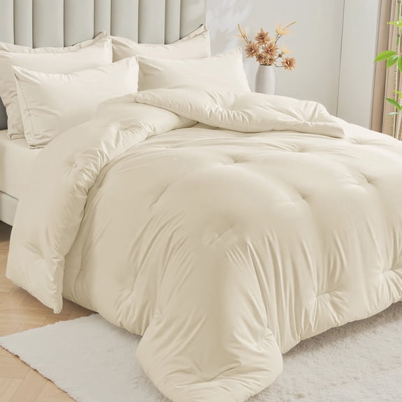 Dhole 7-Piece Bed Sheet Set - Queen Size Comforter, Pillowcases & Sheet Collection for Cozy Bedding Comfort Beige