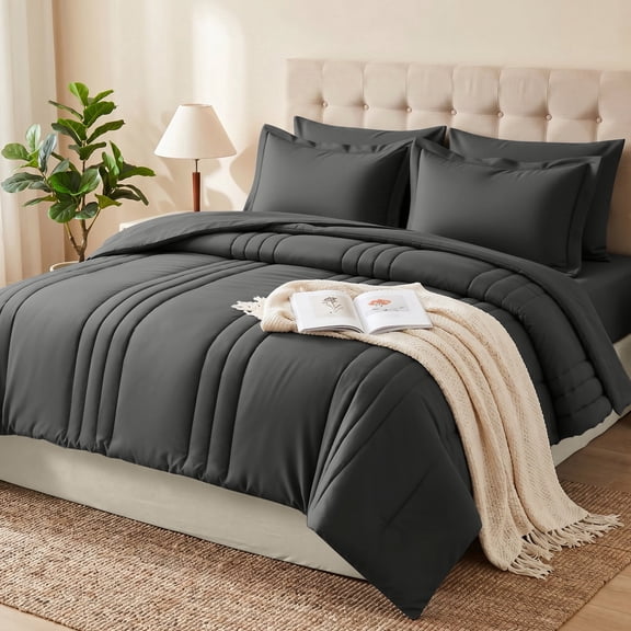 Dhole 7-Piece Bed in Bag - California King Size Striped Comforter Sets, Pillowcases & Sheet Collection for Cozy Bedding Sets - Gray
