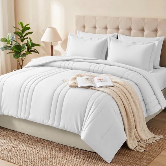 Dhole 7-Piece Bed in Bag - King Size Striped Comforter Sets, Pillowcases & Sheet Collection for Cozy Bedding Sets - White