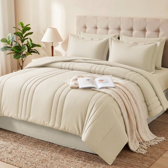 Dhole 7-Piece Bed in Bag - Queen Size Striped Comforter Sets, Pillowcases & Sheet Collection for Cozy Bedding Sets - Beige