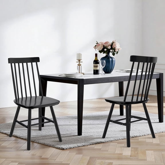 Dhole 7-Spindle Narrow Back Windsor Dining Chairs, Set of 2, Solid Hardwood Kitchen & Dining Room Seating, Black