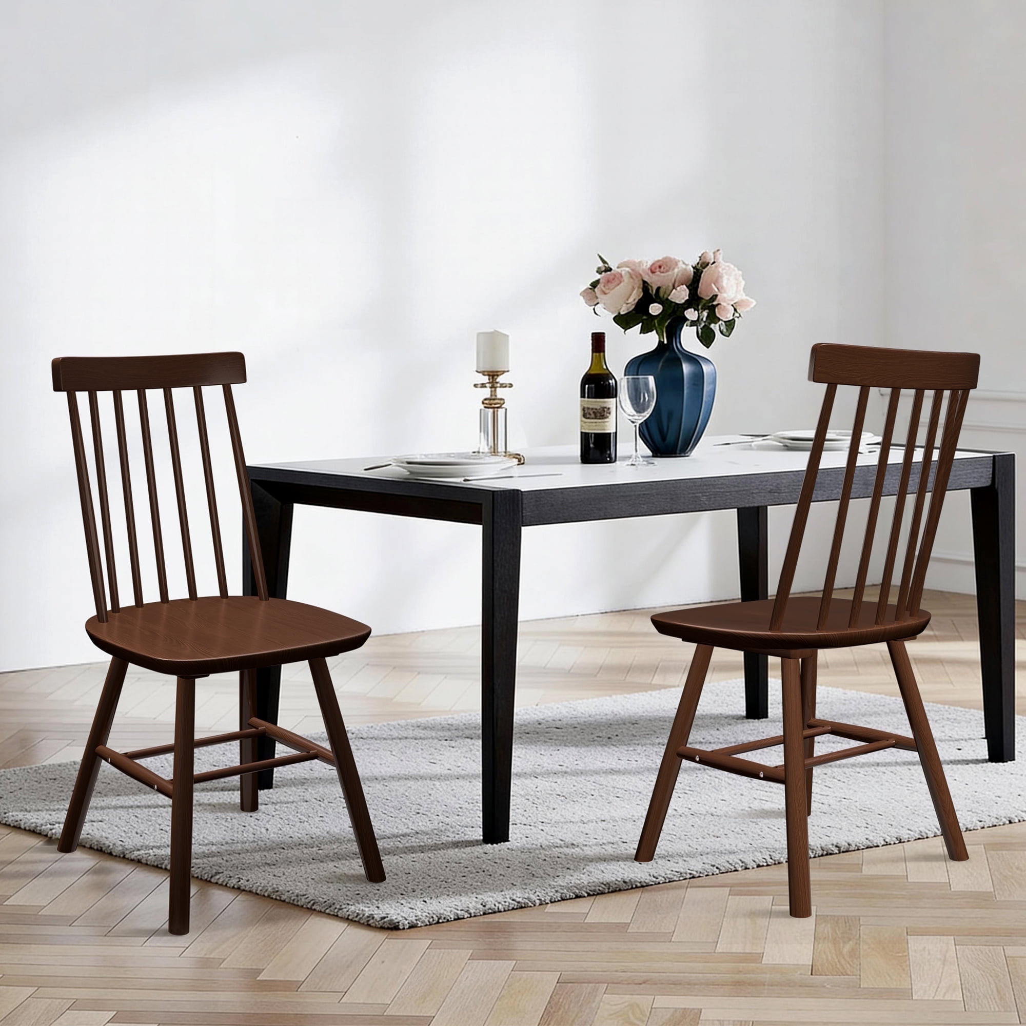Dhole 7-Spindle Narrow Back Windsor Dining Chairs, Set of 2, Solid Hardwood Kitchen & Dining Room Seating, Brown