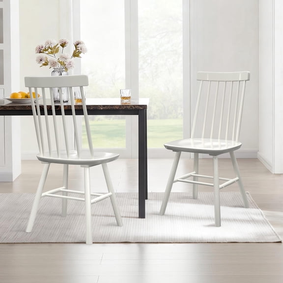 Dhole 7-Spindle Narrow Back Windsor Dining Chairs, Set of 2, Solid Hardwood Kitchen & Dining Room Seating, White