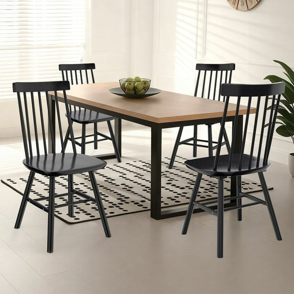 Dhole 7-Spindle Narrow Back Windsor Dining Chairs, Set of 4, Solid Hardwood Kitchen & Dining Room Seating, Black