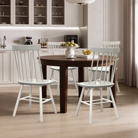 Dhole 7-Spindle Narrow Back Windsor Dining Chairs, Set of 4, Solid Hardwood Kitchen & Dining Room Seating, White