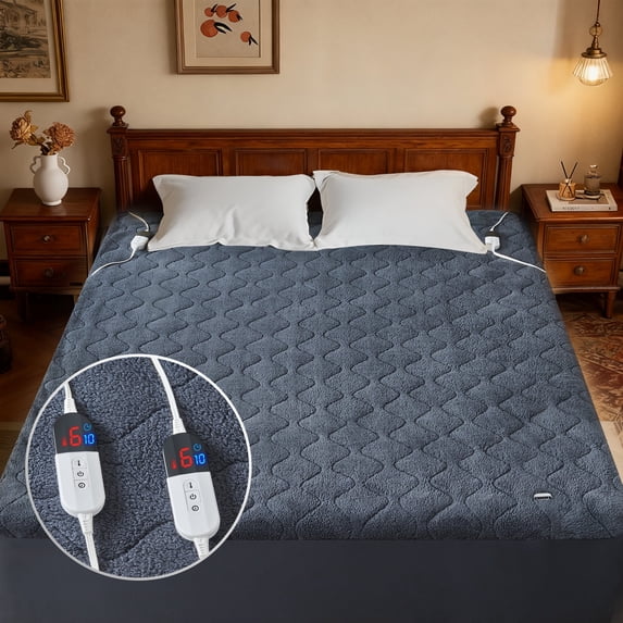 Dhole Cotton Blend Heated Mattress Pad Secure Comfort Technology - Luxury Quilted Electric Mattress Pad with Deep Pocket - 6-Setting Heat Controllers, Queen - 60"x80" , Gray