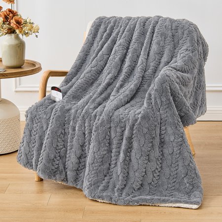 Dhole Electric Blanket Heated Throw, Super Cozy Luxury Jacquard Shaggy & Sherpa with 6 Heating Levels & 0-4 Hours Auto Off, Fast Heating & Overheat Protection, 50x60 Inch, Light Gary