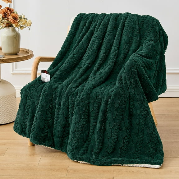 Dhole Electric Blanket Heated Throw, Super Cozy Luxury Jacquard Shaggy & Sherpa with 6 Heating Levels & 0-4 Hours Auto Off, Fast Heating & Overheat Protection, 50x60 Inch, Green