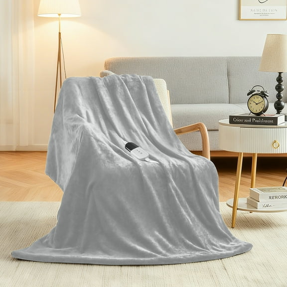 Dhole Electric Heated Blanket Throw - 50"x60" with 6 Heating Levels 4 Hours Auto Off Fast Heating Over-Heated Protection Ultra Soft Warm Flannel ETL Certified (Light Gray)