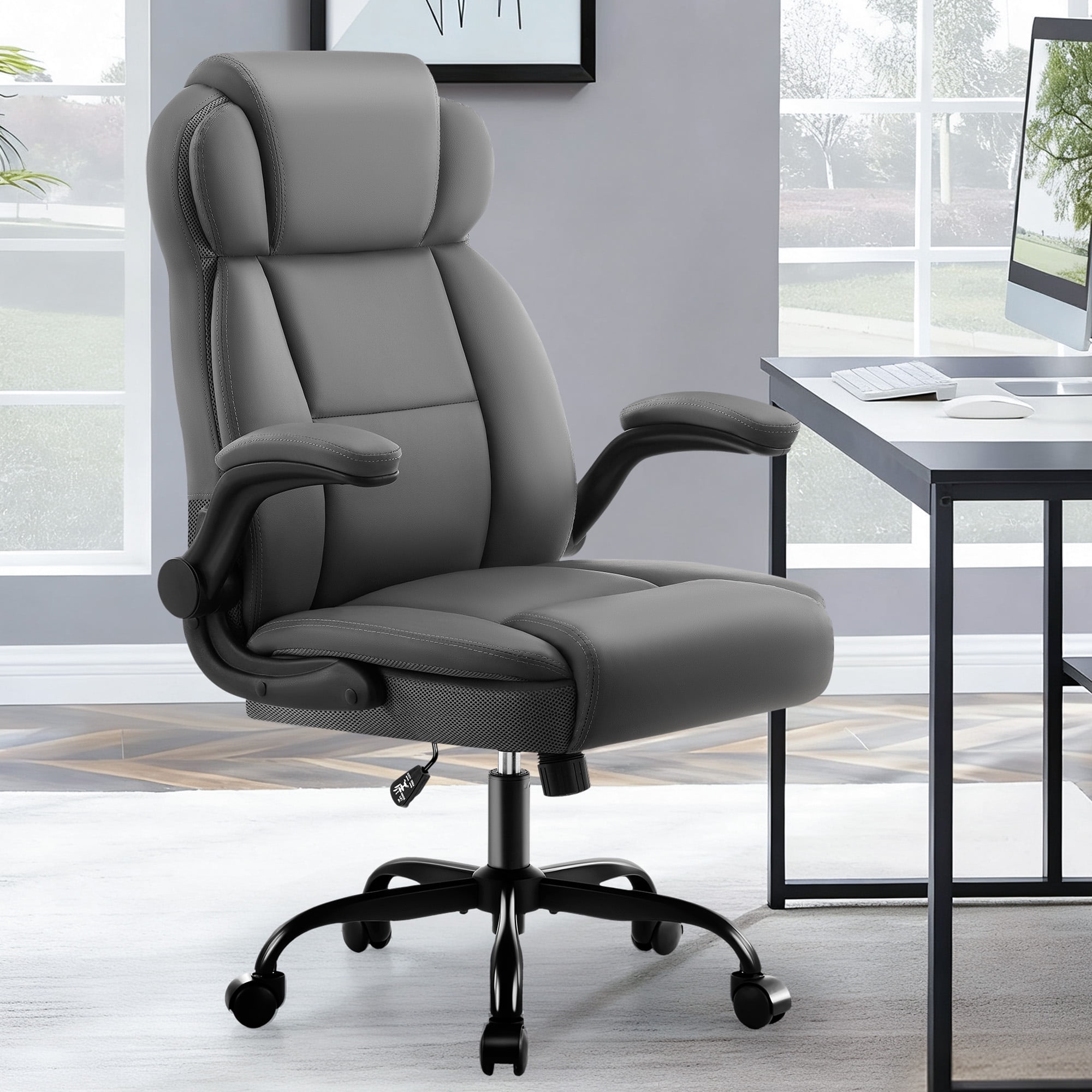Dhole Ergonomic High-Back PU Leather Office Chair with 120° Recline & Flip-Up Arms - Home Office Desk Chair for Work, Study, Gaming, 300LBS Capacity (Gray)