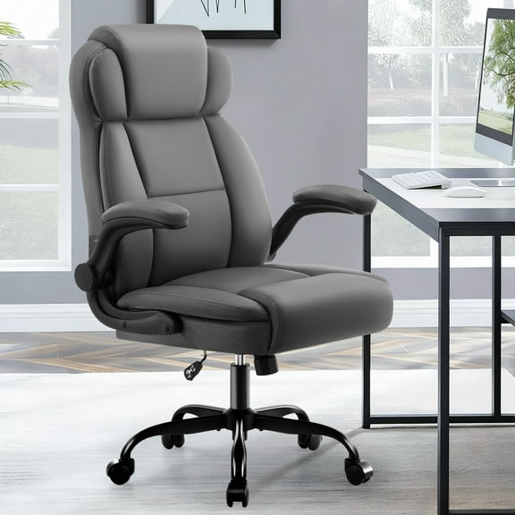 Dhole Ergonomic High-Back PU Leather Office Chair with 120° Recline & Flip-Up Arms - Home Office Desk Chair for Work, Study, Gaming, 300LBS Capacity (Gray)
