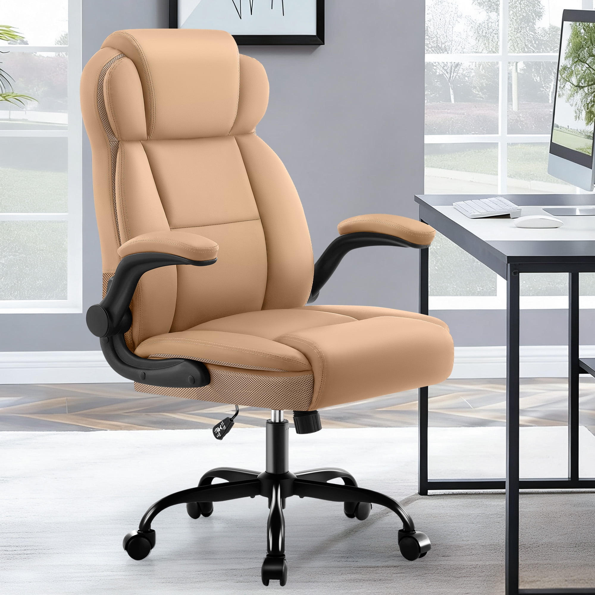 Dhole Ergonomic High-Back PU Leather Office Chair with 120° Recline & Flip-Up Arms - Home Office Desk Chair for Work, Study, Gaming, 300LBS Capacity (Khaki)