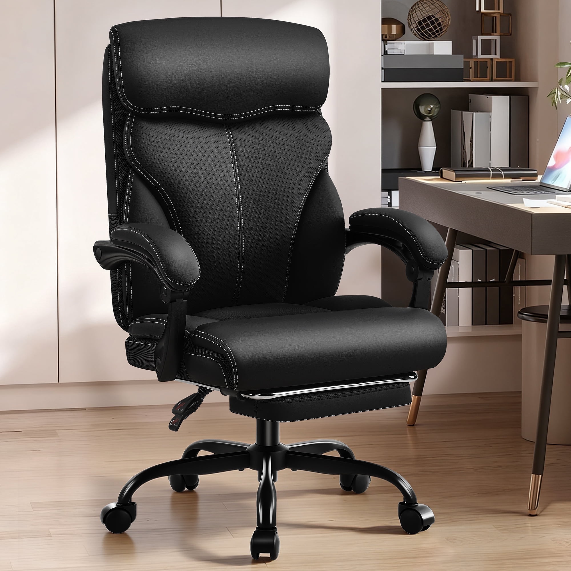 Dhole Ergonomic Office Chair with Footrest, High-Back Desk Chair with Lumbar Support and Flip-Up Arms, PU Leather Swivel Computer Task Chair for Home Office, Adjustable Rolling Chair
