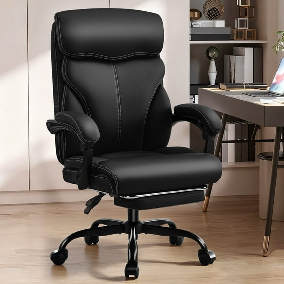 Dhole Ergonomic Office Chair with Footrest, High-Back Desk Chair with Lumbar Support and Flip-Up Arms, PU Leather Swivel Computer Task Chair for Home Office, Adjustable Rolling Chair