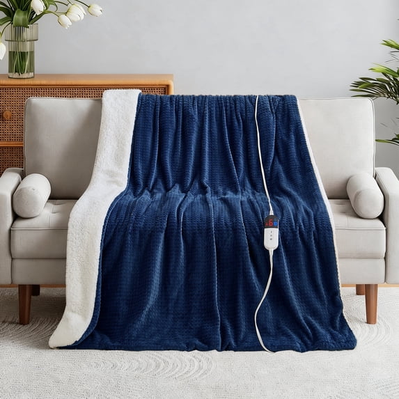 Dhole Heated Blanket Electric Blanket Twin Waffle, 62x84 Inches,Sherpa Fleece Fast Heating Blanket 6 Heating Levels & 10 Hours Auto Off ETL Certification, Navy