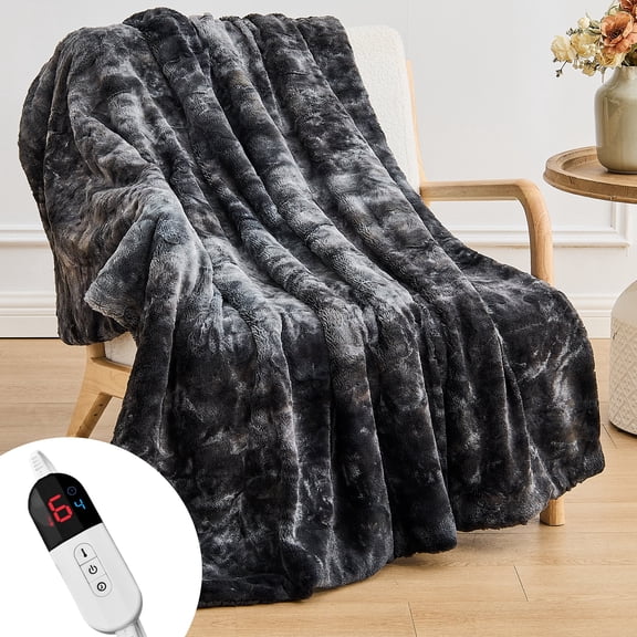 Dhole Heated Blanket Electric Throw - 50"x60" Heating Blanket Throw 4 Hours Auto-Off 6 Heat Level Over-Heat Protection Luxury Faux Fur Sherpa ETL Certification-Black