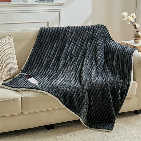 Dhole Heated Blanket Electric Throw - 50"x60" Soft Ribbed Flannel GentleSoft Electric Blanket, Heating with 4 Time Settings, 6 Heat Levels, 4 hrs Timer Auto Shut Off, Gift for Grandma -Grey