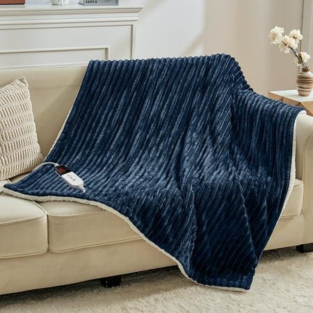 Dhole Heated Blanket Electric Throw - 50"x60" Soft Ribbed Flannel GentleSoft Electric Blanket, Heating with 4 Time Settings, 6 Heat Levels, 4 hrs Timer Auto Shut Off, Gift for Grandma -Navy