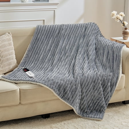 Dhole Heated Blanket Electric Throw - 50"x60" Soft Ribbed Flannel GentleSoft Electric Blanket, Heating with 4 Time Settings, 6 Heat Levels, 4 hrs Timer Auto Shut Off, Gift for Grandma -Light Grey