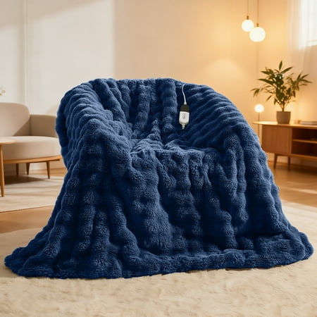 Dhole Heated Blanket Throw with 4 Hours Auto-Off 6 Heat Level, 50" * 60" Cozy Faux Rabbit Fur Bubble Electric Throw with Overheat Protection, Soft Fast Heating Blanket with ETL (Navy)