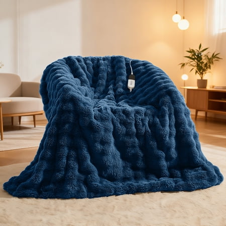 Dhole Heated Blanket Throw with 4 Hours Auto-Off 6 Heat Level, 50" * 60" Cozy Faux Rabbit Fur Bubble Electric Throw with Overheat Protection, Soft Fast Heating Blanket with ETL (Navy)