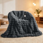 Dhole Heated Blanket Throw with 4 Hours Auto-Off 6 Heat Level, 50" * 60" Cozy Faux Rabbit Fur Bubble Electric Throw with Overheat Protection, Soft Fast Heating Blanket with ETL (Light Grey)