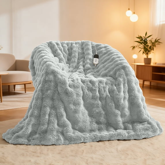 Dhole Heated Blanket Throw with 4 Hours Auto-Off 6 Heat Level, 50" * 60" Cozy Faux Rabbit Fur Bubble Electric Throw with Overheat Protection, Soft Fast Heating Blanket with ETL (Dark Grey)