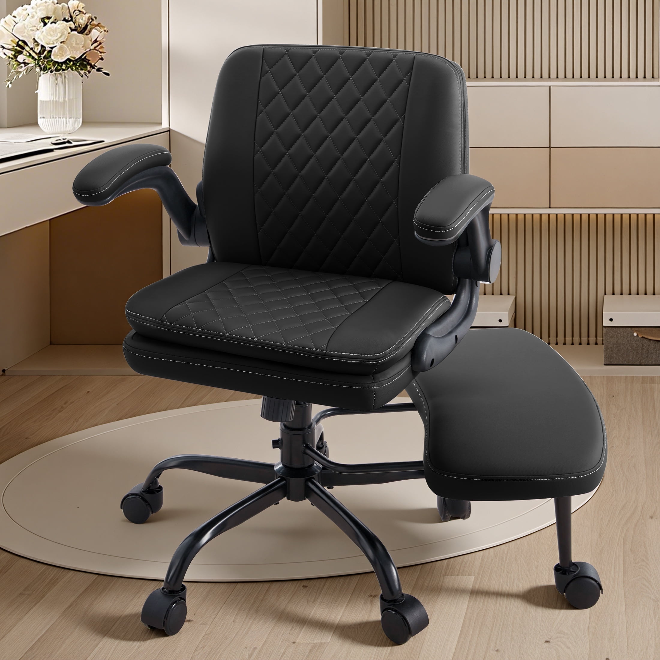 Dhole High Back Ergonomic Office Chair - Adjustable Swivel Chair with Lumbar Support, Flip-Up Arms, Retractable Footrest & Brown Diamond PU Leather for Home Office Desk-Black