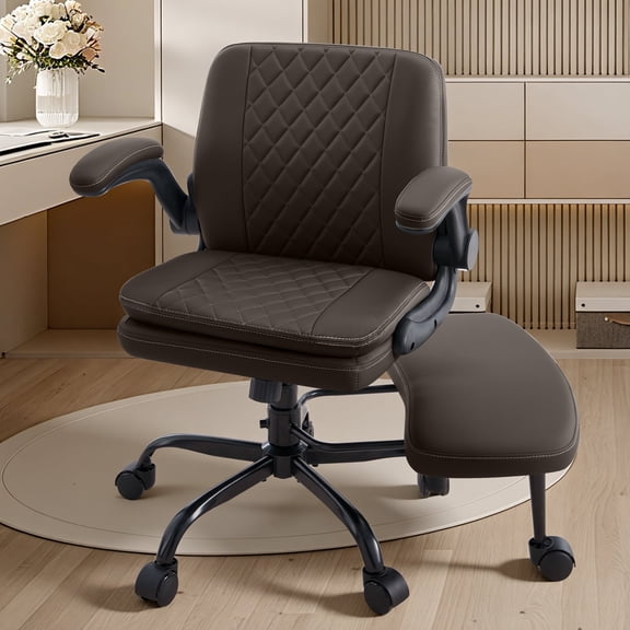 Dhole High Back Ergonomic Office Chair - Adjustable Swivel Chair with Lumbar Support, Flip-Up Arms, Retractable Footrest & Brown Diamond PU Leather for Home Office Desk-Brown