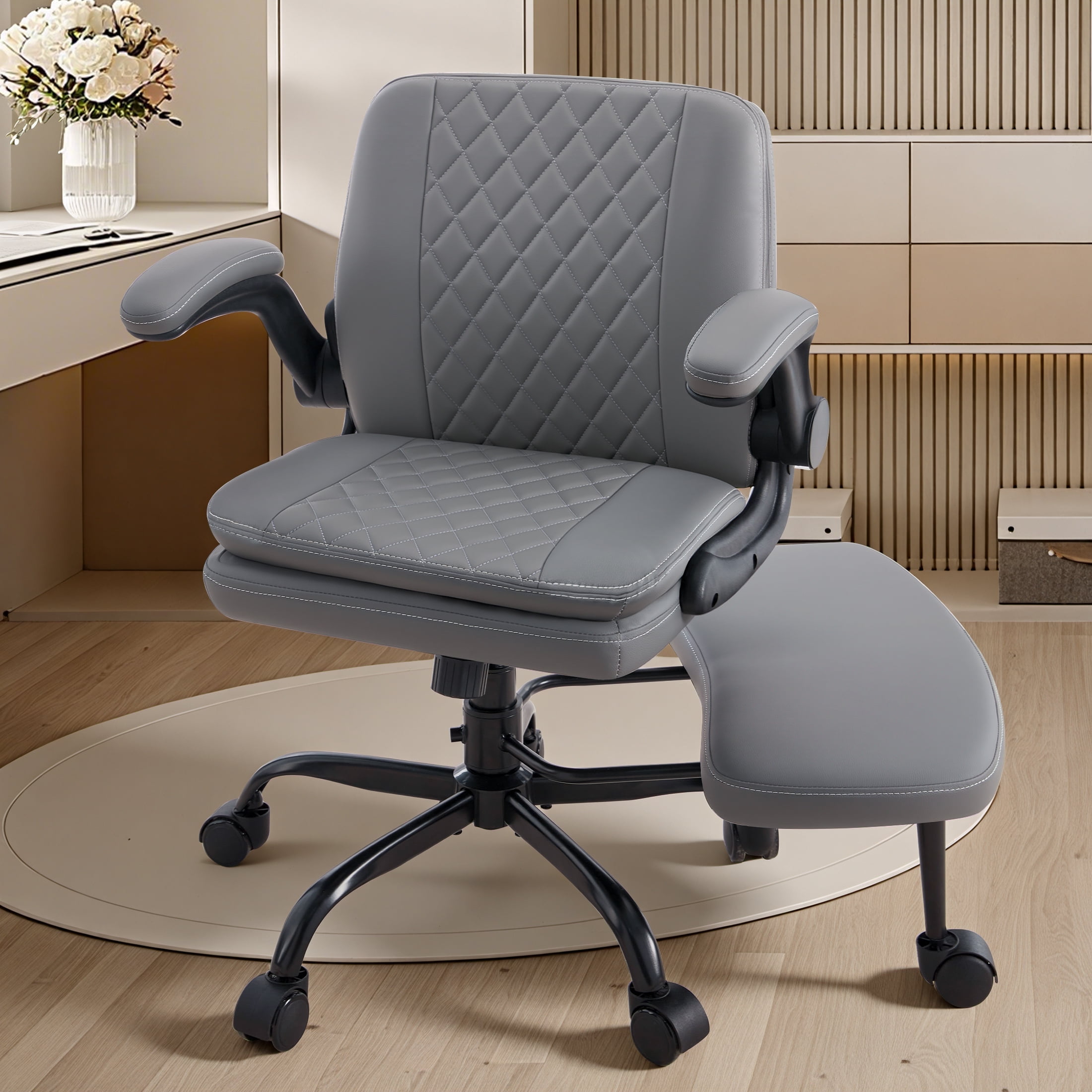 Dhole High Back Ergonomic Office Chair - Adjustable Swivel Chair with Lumbar Support, Flip-Up Arms, Retractable Footrest & Brown Diamond PU Leather for Home Office Desk-Gray