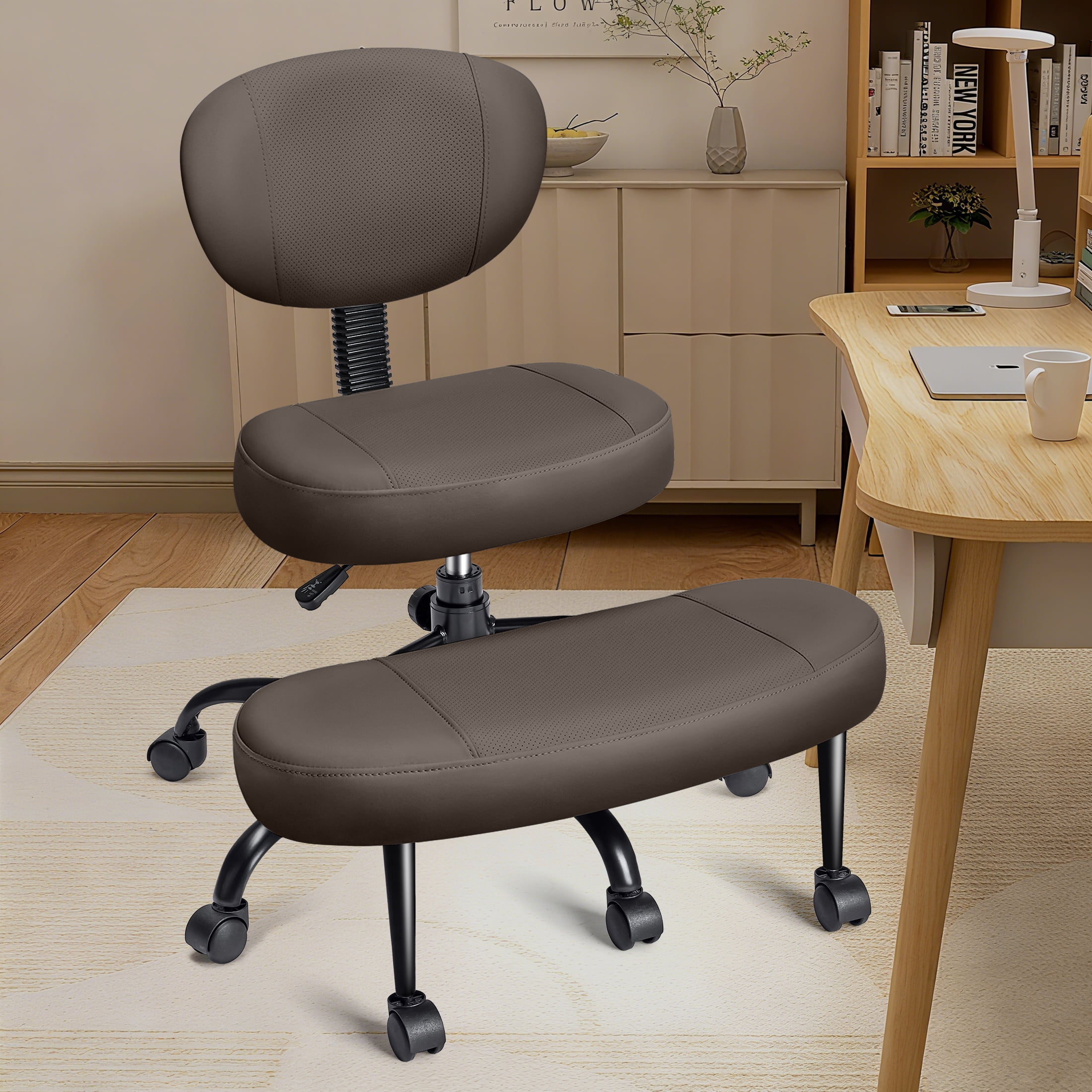 Dhole Kneeling Chair with Backrest - Ergonomic Office Chair for Cross-Leg Sitting, Adjust Height, 360° Rotating Footrest & Wheels, Posture Support for ADHD/Home Office/Meditation, Brown