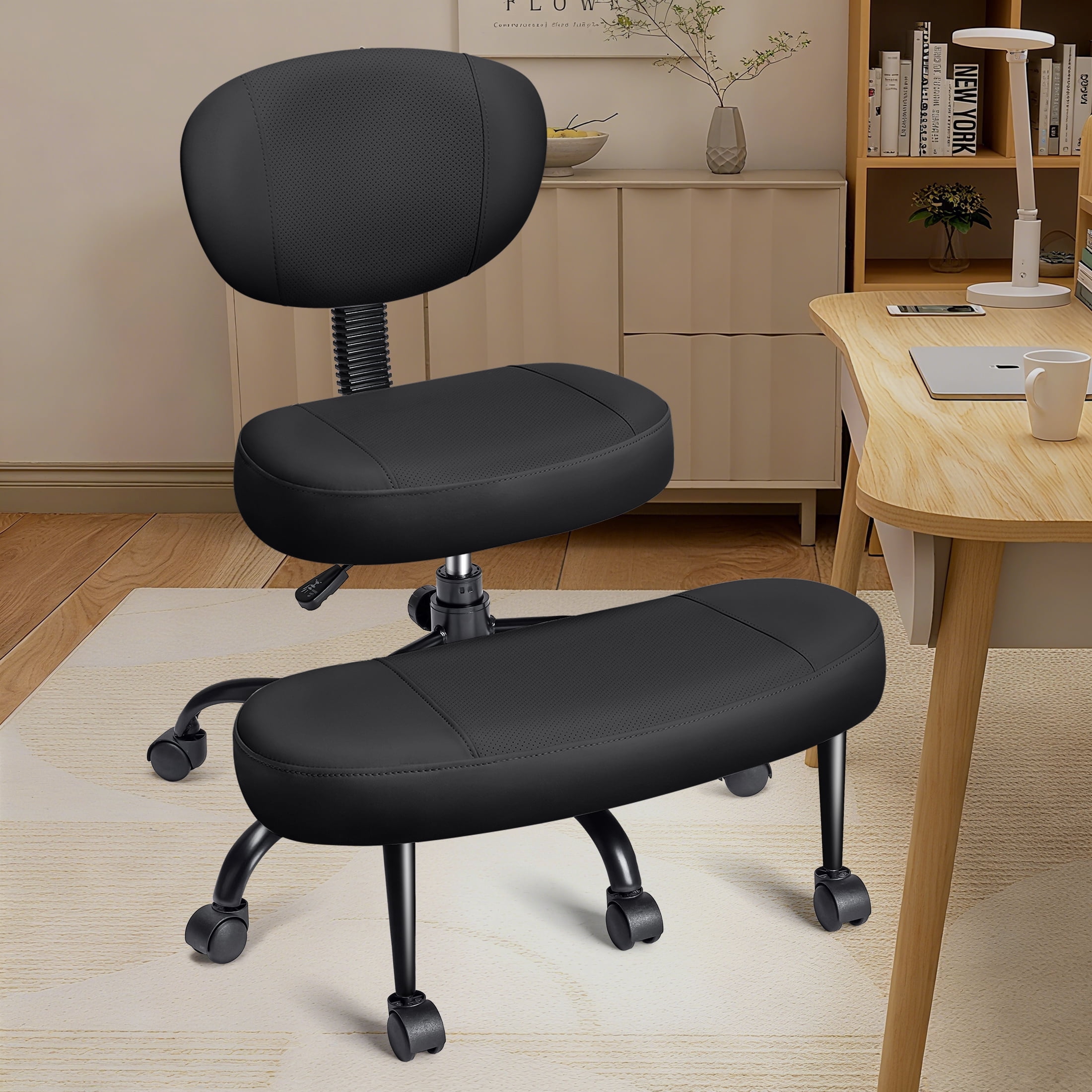 Dhole Kneeling Chair with Backrest - Ergonomic Office Chair for Cross-Leg Sitting, Adjust Height, 360° Rotating Footrest & Wheels, Posture Support for ADHD/Home Office/Meditation, Black