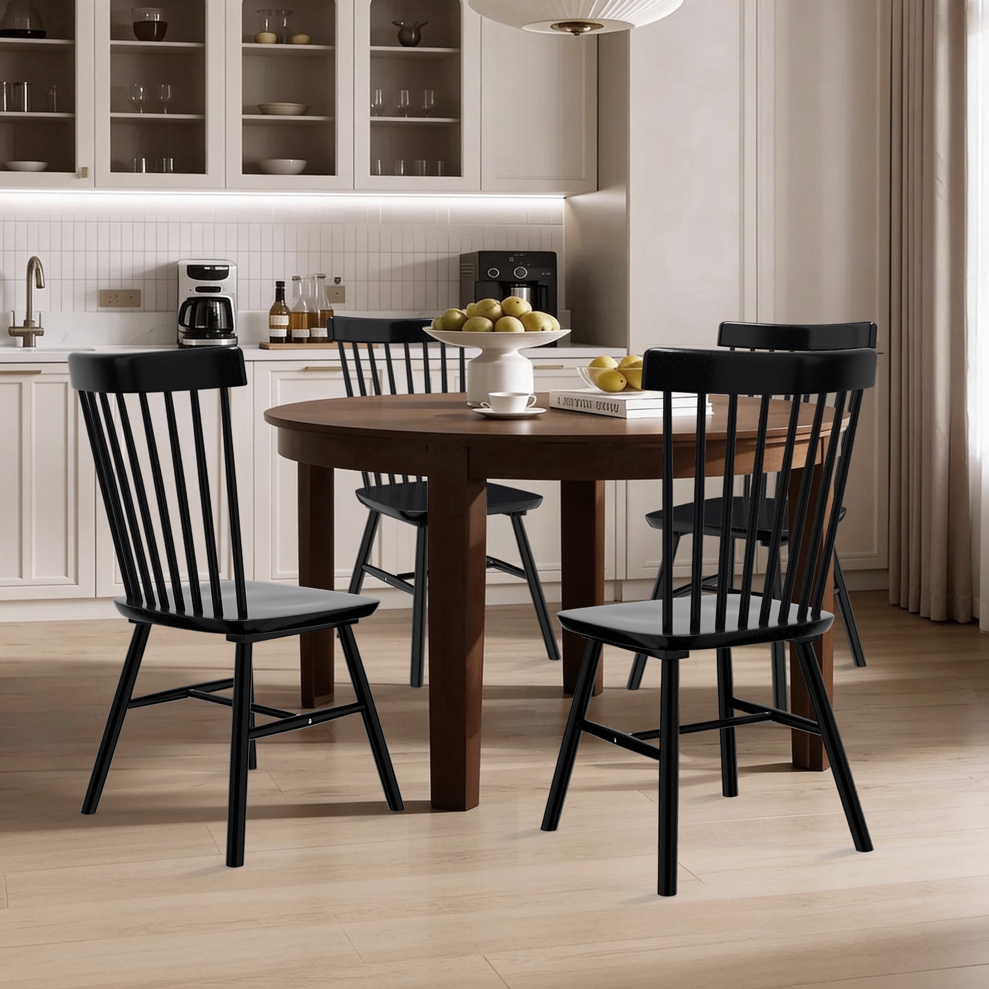 Dhole Windsor Spindle Back Dining Chair Set of 4, Solid Hardwood Kitchen and Dining Room Seating in Black