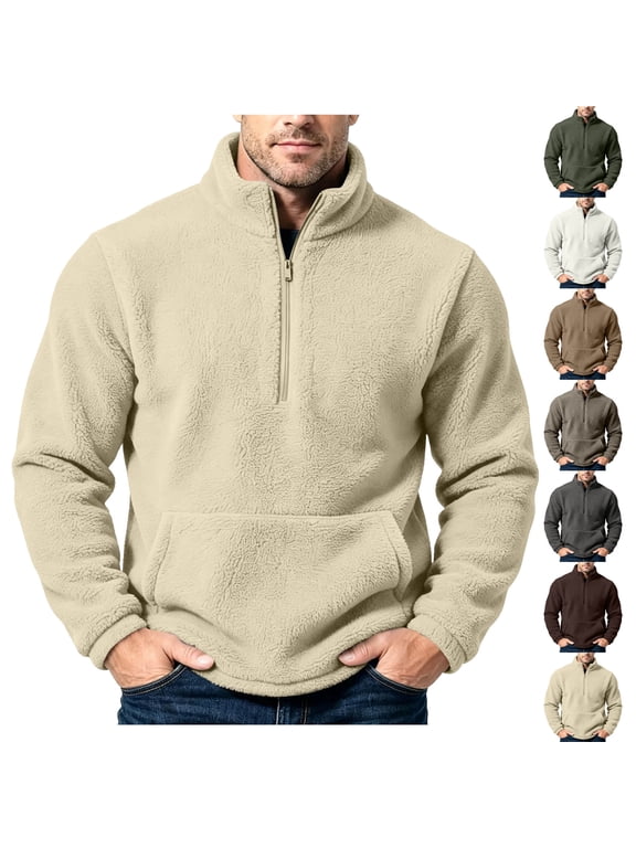 Fuzzy Fleece Sweatshirts for Men Winter Warm Half Zip Stand Collar Pullover Soft Comfy Long Sleeve Sweat Shirts with Kangaroo Pocket Beige L