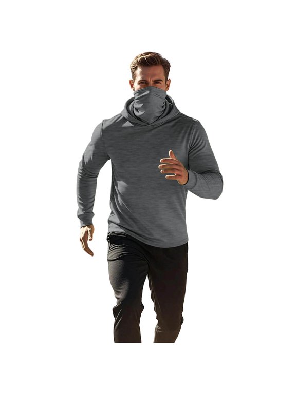 Mens Winter Hoodie with Built-in Face Mask Solid Color Long Sleeve Pullover Windproof Warm Hooded Sweatshirts L
