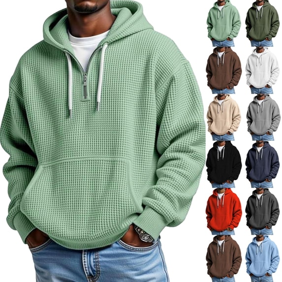 Dhwswlt Quarter Zip Hoodie for Men Oversized Waffle Pullover Tops Loose Fit Drawstring Long Sleeve Hooded Sweatshirts with Kangaroo Pocket L