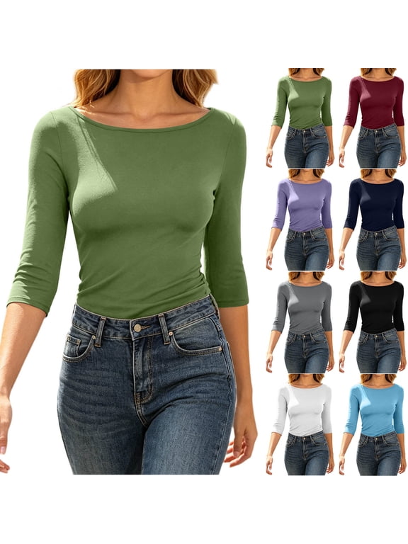 Women's Solid Boat Neck 3/4 Sleeve Tee Slim Fitted Basic Shirt for Office Work Daily Layering