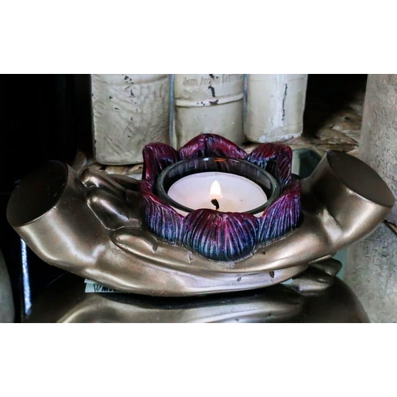 Dhyana Mudra Meditating Buddha with Padma Lotus Blossom Tea Light Votive Candle Holder Figurine Enlightenment Meditation Zen Feng Shui Candleholder