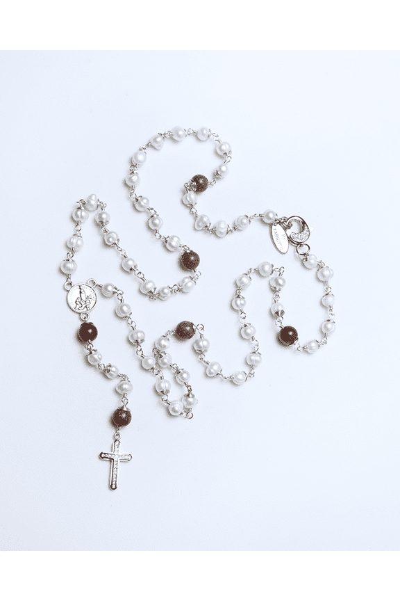 Di Mare Entorchado Rosary in Freshwater Pearl Aventurine and Small White Zirconia Encrusted 14k Gold Vermeil Cross and Signet