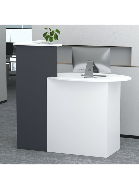 TLAEK Small Reception Desk with Drawer and Shleves Wood White-Black