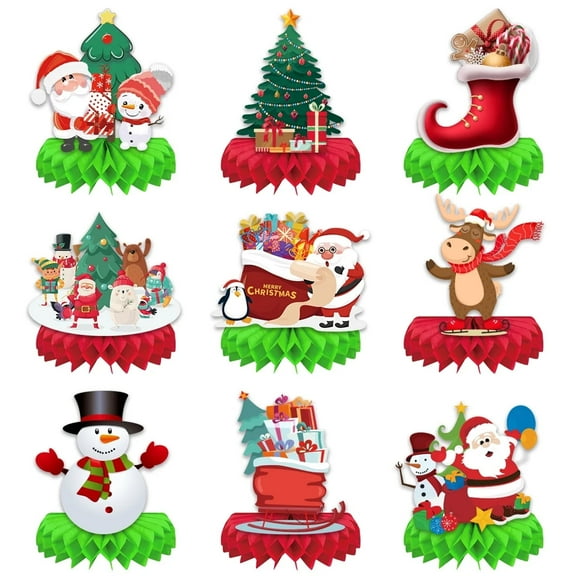 DiHTing 9 Pcs Christmas Honeycomb Table Centerpieces for Adults, Santa, Snowman, and Bell Decorations, Holiday Party Tabletop Decor for Winter Christmas Events