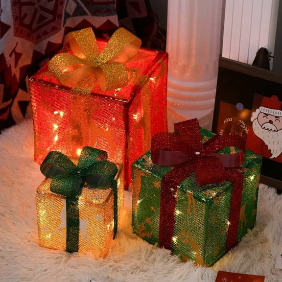 DiHTing Set of 3 Christmas Boxes Large Glitter Presents with Bows for Xmas Tree Yard Home Indoor Outdoor Holiday Decor Snowflake Pattern