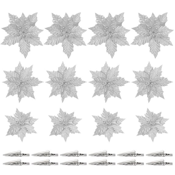 DiMaddie 12 Pcs Glitter Poinsettia Flowers for Xmas Tree Decoration