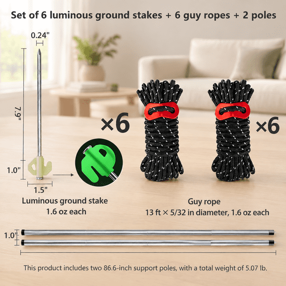 Dia 1.0" | Length 86.6" | 6-pack Tent Pegs Guy Lines Camping Tent Poles