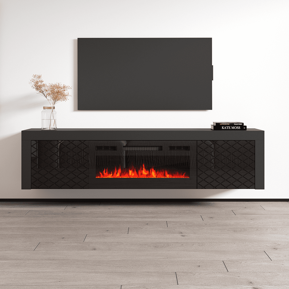 "Dia BL-EF 71"" High Gloss Floating Fireplace TV Stand, Wall Mounted ...