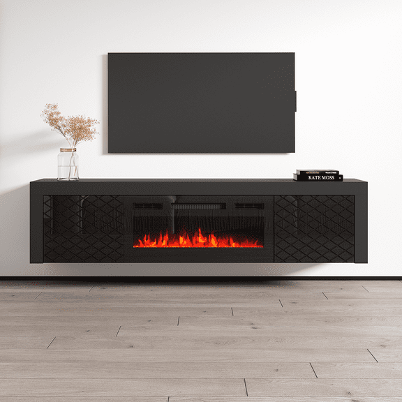 Dia BL-EF Floating Fireplace TV Stand for TVs up to 80", Modern High Gloss 71" Entertainment Center, Wall Mounted Electric Fireplace TV Media Console with Storage Cabinets