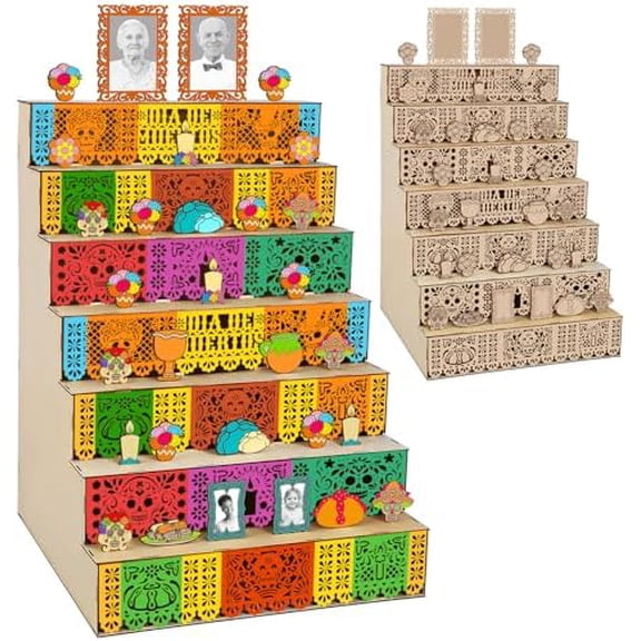 Dia De Los Muertos Altar Ofrenda Wooden Box Decorations Set, 28'' 7 Tier Day of The Dead Wooden Shadow Box with Photo Frame Remembrance Memory Gift for Home Halloween Party Supplies