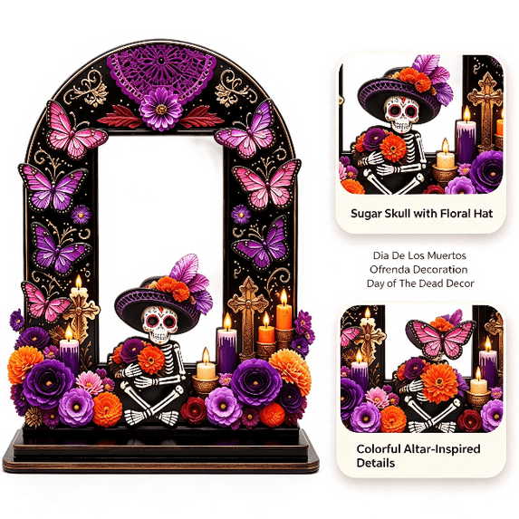 Dia De Los Muertos Altar Wooden Picture Frames,2026 Mexican Day of The Dead Ofrenda Decor Sugar Skull Photo Frame Tabletop Memorial Home Ornament Style D